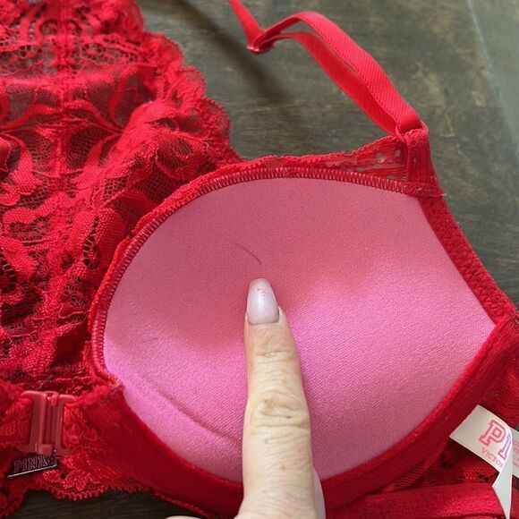 Pink Victorias Secret red lace date racerback wired bra padded Sz-32B - Picture 7 of 12
